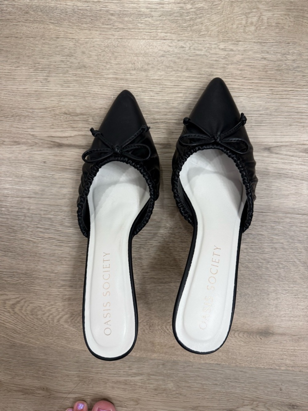 Society Black Pointed Toe Slip-On Mules with Bow